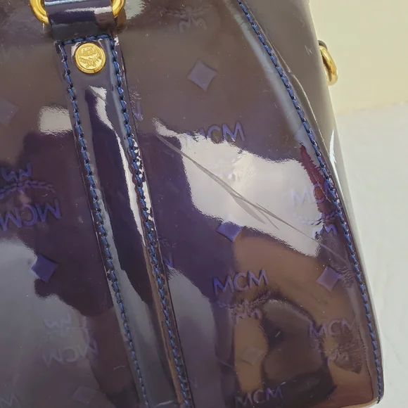 MCM Patent Embossed Satchel Crossbody Bag Ombre Brown Blue Purple - Picture 15 of 16